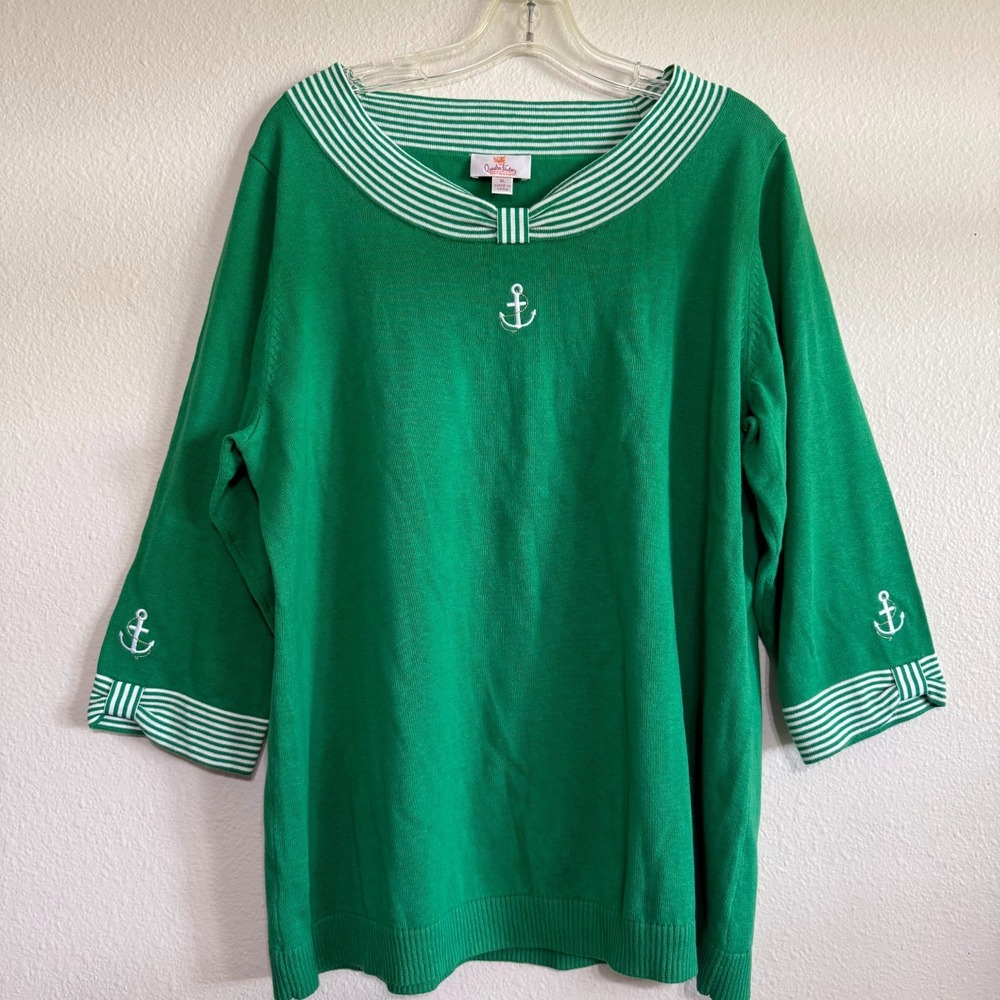 Quacker Factory Sweater Women's XL Green‎ Striped Collar Retro Anchor Embroidery